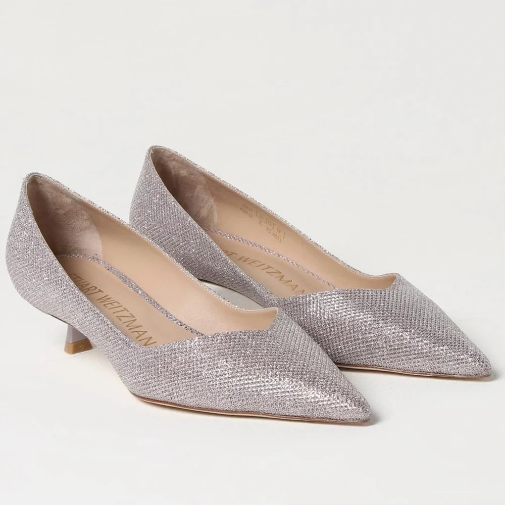Stuart Weitzman Eva 35 Kitten Heel Metallic Mesh Pump Rose Pink Pointed Toe 6B